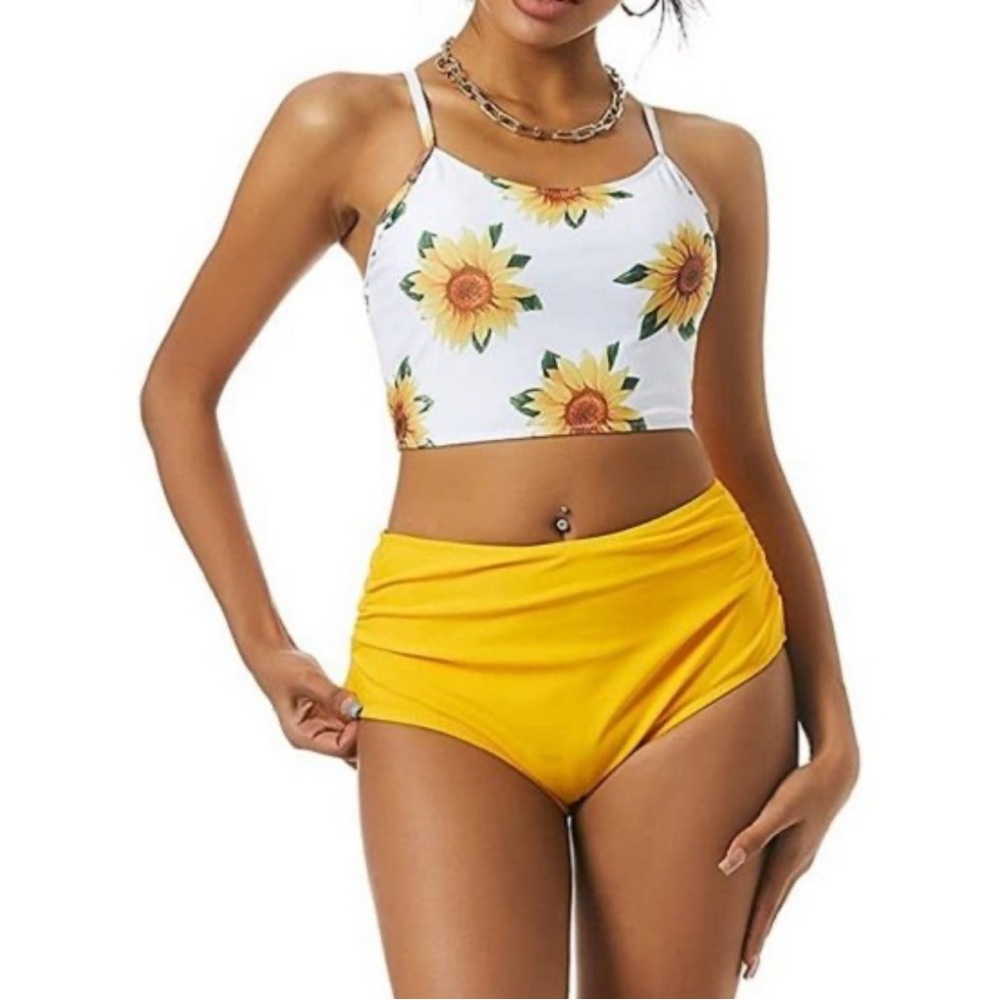 Zaful Sunflower Print Bikini - White and Yellow